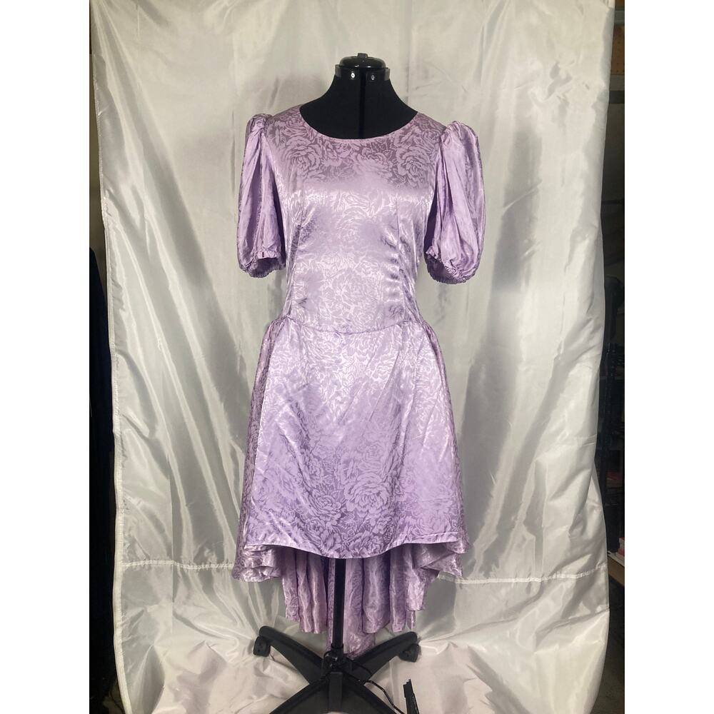 6 M homemade drop waist satin lavender purple dress high low short puff sleeve